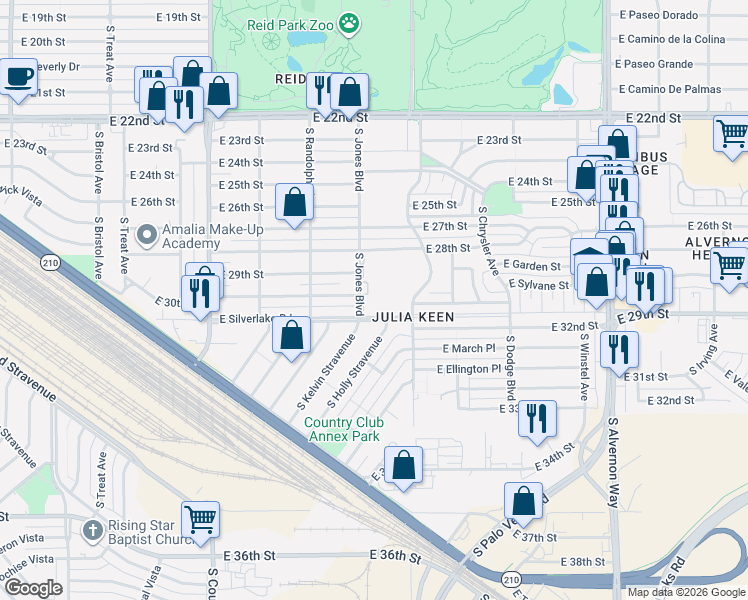 map of restaurants, bars, coffee shops, grocery stores, and more near 1776 South Palo Verde Avenue in Tucson