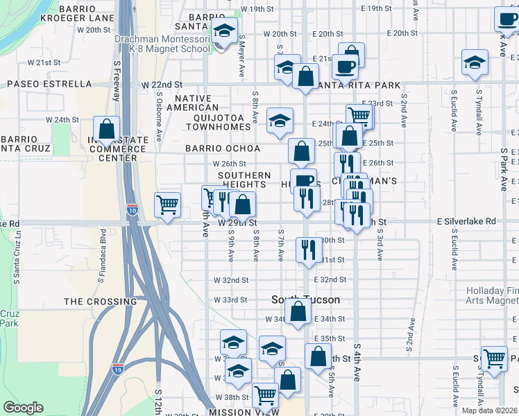 map of restaurants, bars, coffee shops, grocery stores, and more near 145 West 28th Street in Tucson