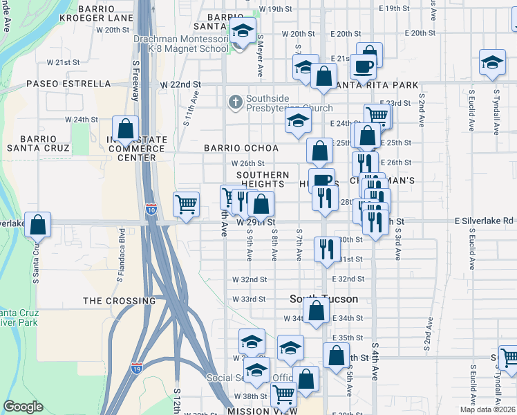 map of restaurants, bars, coffee shops, grocery stores, and more near 1815 South 9th Avenue in Tucson