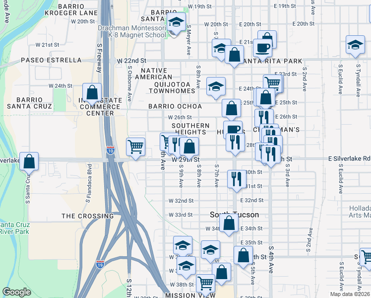 map of restaurants, bars, coffee shops, grocery stores, and more near 301 West 28th Street in Tucson