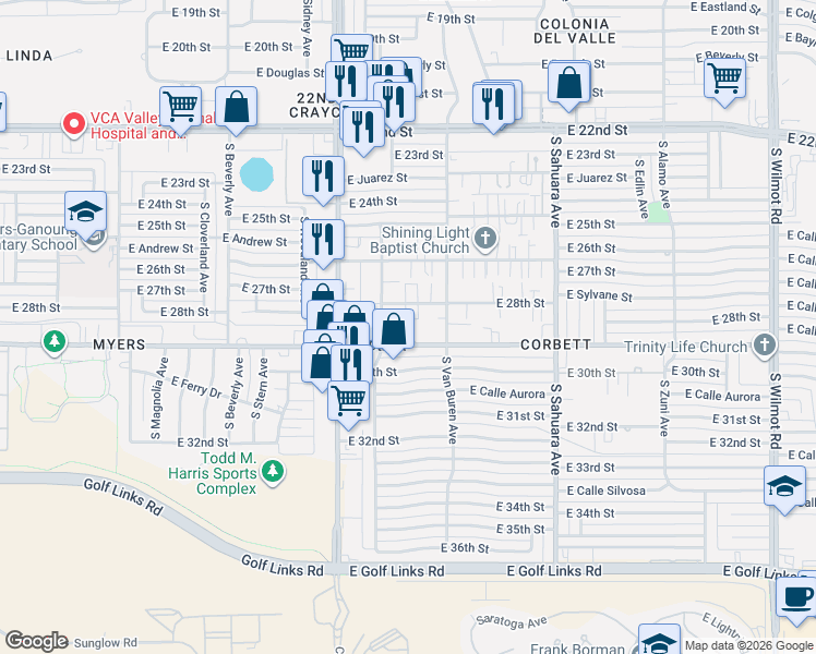 map of restaurants, bars, coffee shops, grocery stores, and more near 5625 East 29th Street in Tucson