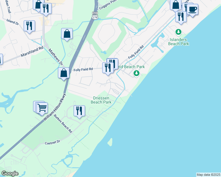 map of restaurants, bars, coffee shops, grocery stores, and more near in Hilton Head Island
