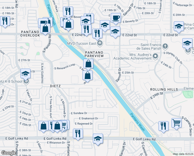 map of restaurants, bars, coffee shops, grocery stores, and more near 8075 East Research Court in Tucson