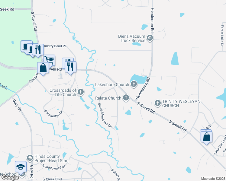 map of restaurants, bars, coffee shops, grocery stores, and more near 308 Siwell Meadows Drive in Byram