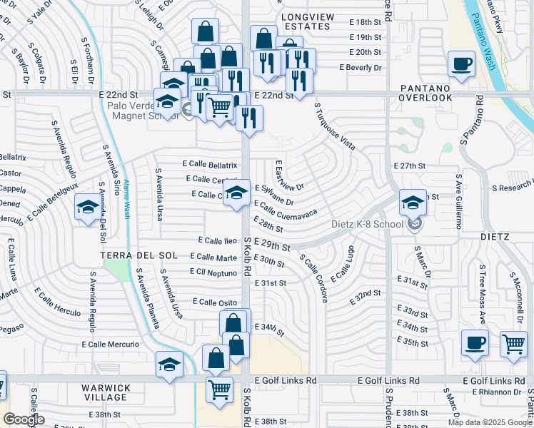 map of restaurants, bars, coffee shops, grocery stores, and more near 7140 East Calle Cuernavaca in Tucson