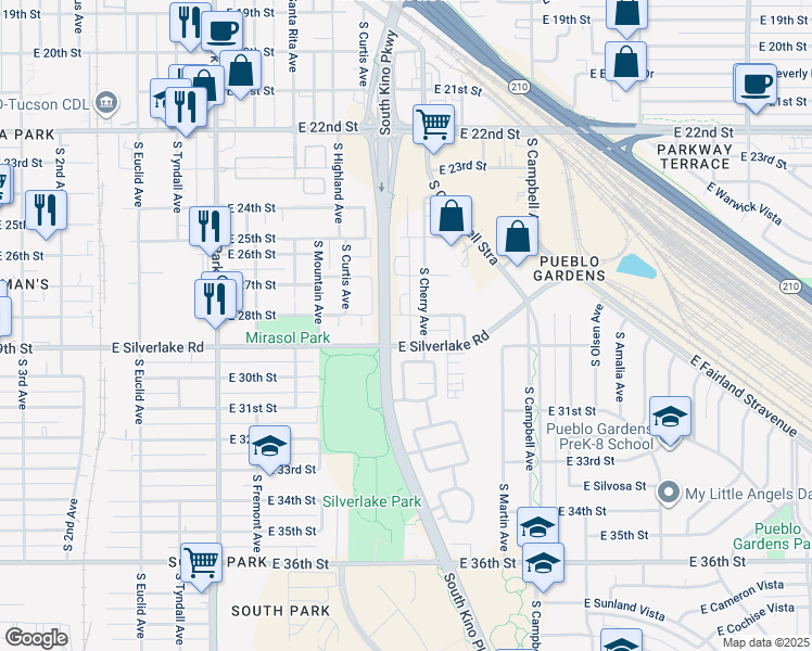 map of restaurants, bars, coffee shops, grocery stores, and more near 1506 East 28th Street in Tucson