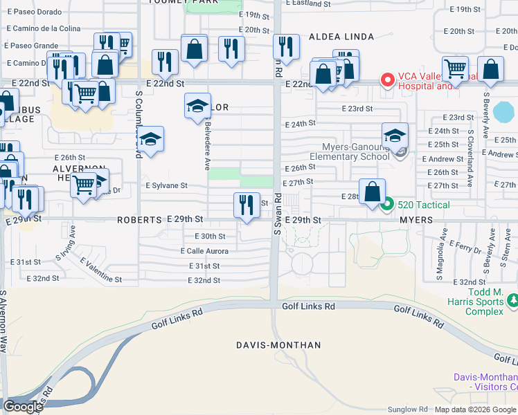 map of restaurants, bars, coffee shops, grocery stores, and more near 4634 East 28th Street in Tucson