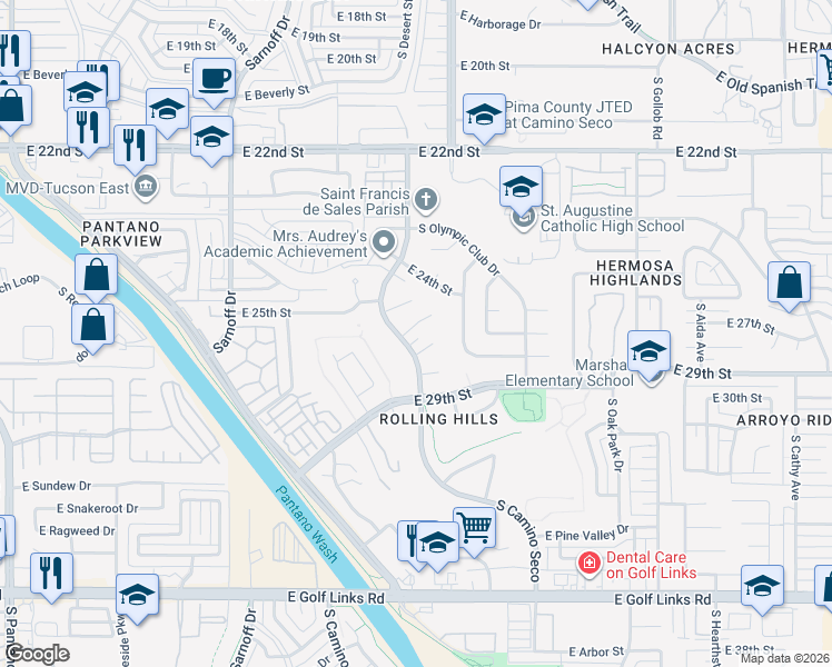 map of restaurants, bars, coffee shops, grocery stores, and more near 8630 East 26th Place in Tucson