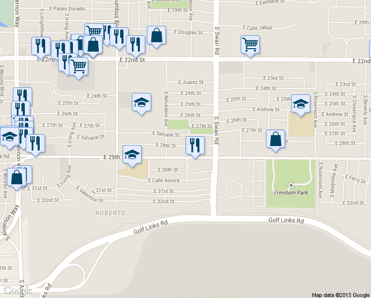 map of restaurants, bars, coffee shops, grocery stores, and more near 4550 East 28th Street in Tucson