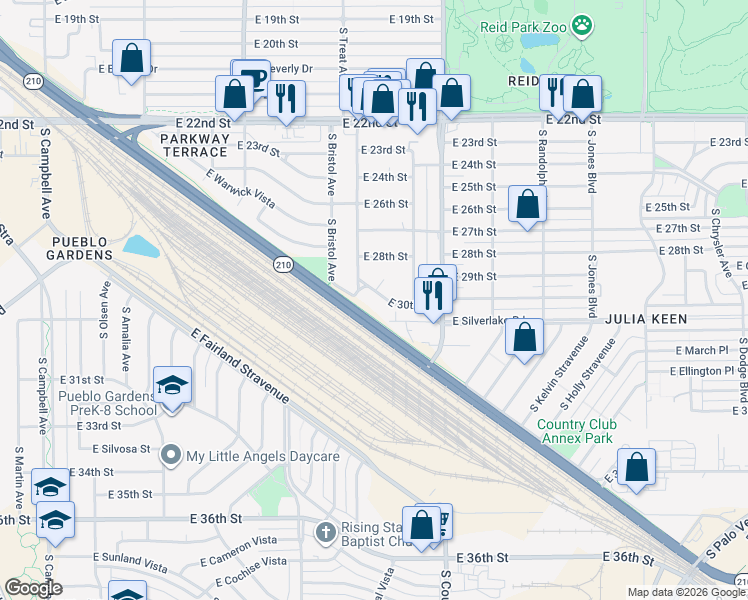 map of restaurants, bars, coffee shops, grocery stores, and more near 2934 East 30th Street in Tucson