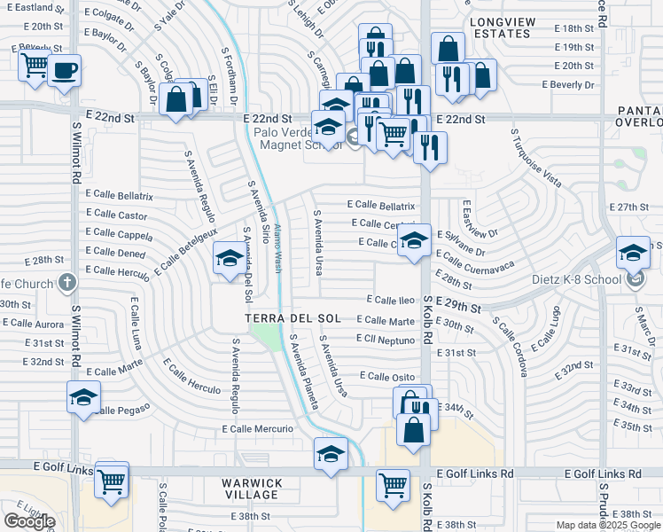 map of restaurants, bars, coffee shops, grocery stores, and more near 6910 East Calle Denebola in Tucson