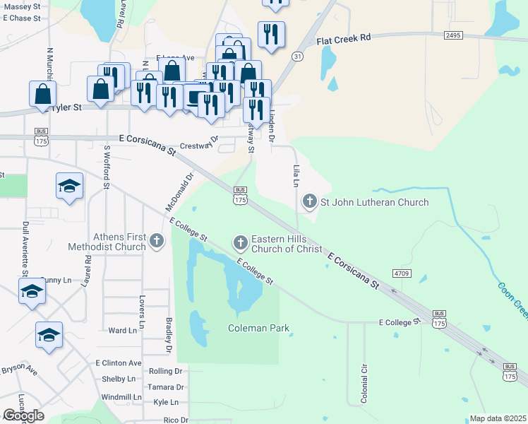 map of restaurants, bars, coffee shops, grocery stores, and more near 1200 East Corsicana Street in Athens