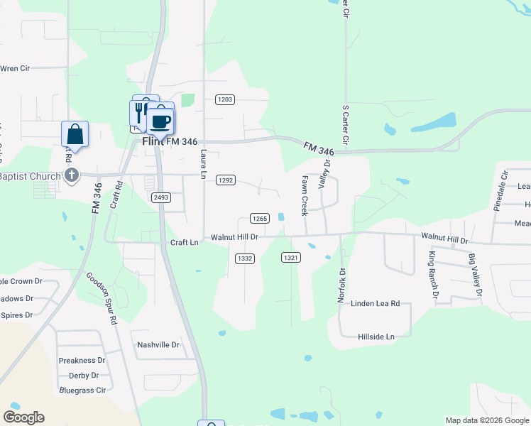 map of restaurants, bars, coffee shops, grocery stores, and more near 10450 County Road 1265 in Flint