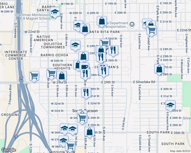 map of restaurants, bars, coffee shops, grocery stores, and more near 202 East 28th Street in Tucson