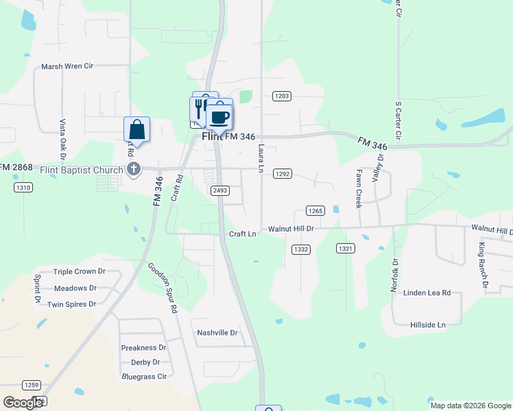 map of restaurants, bars, coffee shops, grocery stores, and more near 11540 County Road 137 in Flint