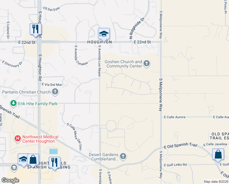 map of restaurants, bars, coffee shops, grocery stores, and more near 10820 East Calle Linda Vista in Tucson