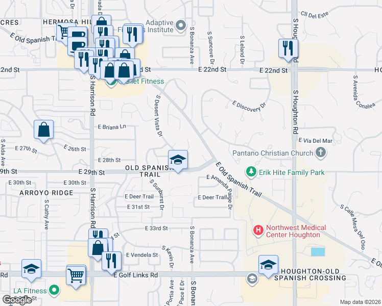 map of restaurants, bars, coffee shops, grocery stores, and more near 1800 South Persia Place in Tucson