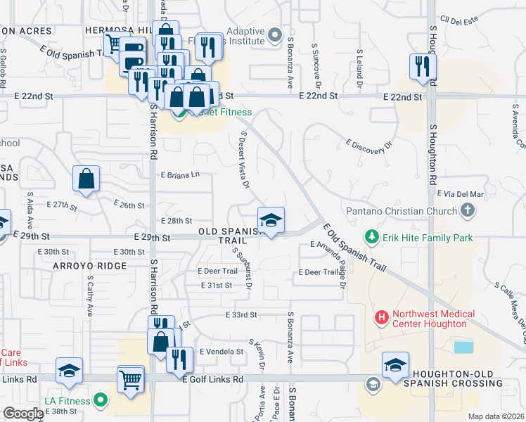 map of restaurants, bars, coffee shops, grocery stores, and more near 1781 South Desert Vista Drive in Tucson
