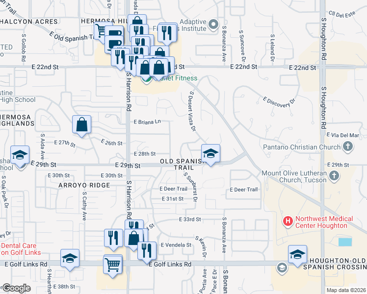 map of restaurants, bars, coffee shops, grocery stores, and more near 1731 South Kevin Drive in Tucson