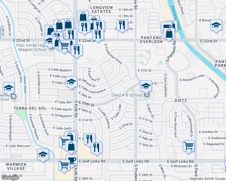map of restaurants, bars, coffee shops, grocery stores, and more near 7341 East 28th Place in Tucson