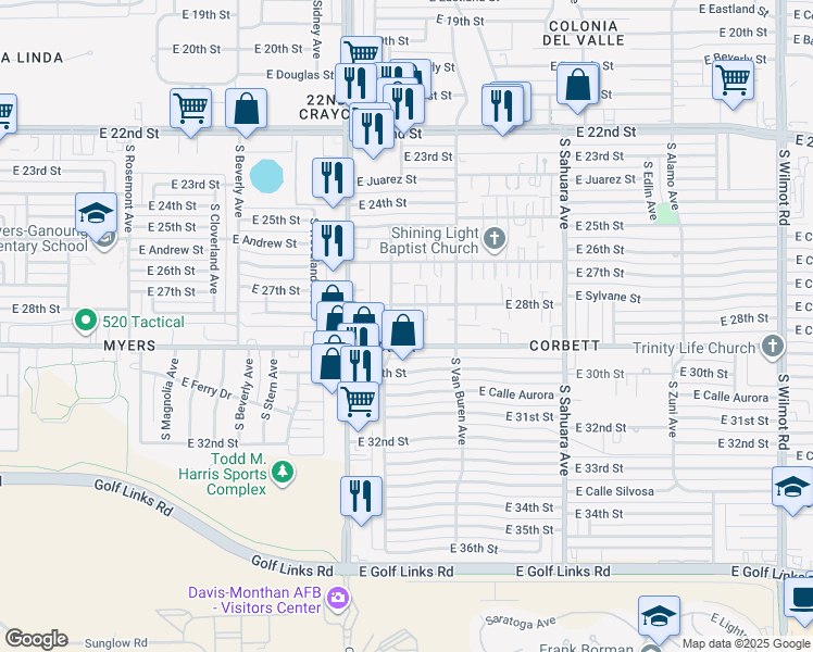 map of restaurants, bars, coffee shops, grocery stores, and more near 5630 East 28th Street in Tucson