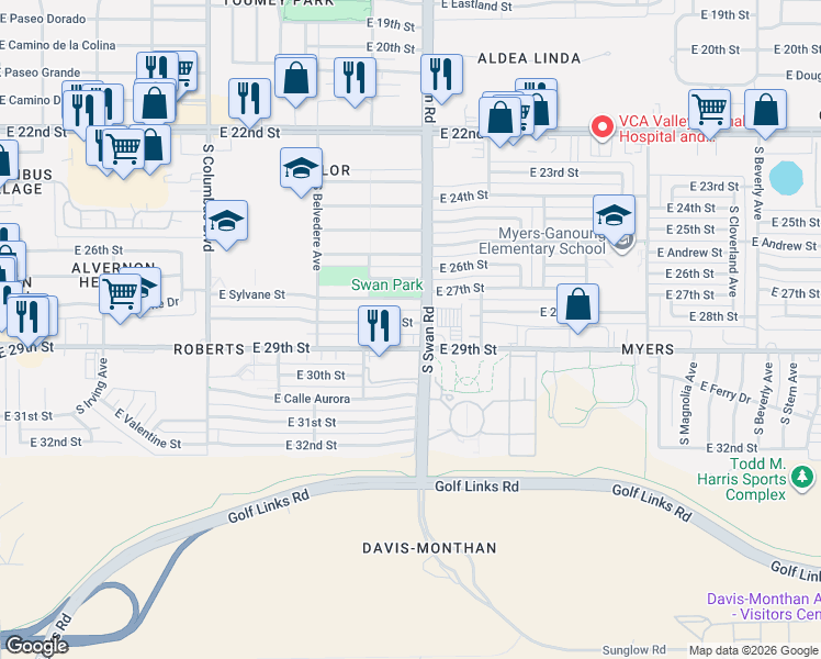 map of restaurants, bars, coffee shops, grocery stores, and more near 4634 East 28th Street in Tucson
