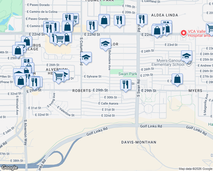 map of restaurants, bars, coffee shops, grocery stores, and more near 4502 East 28th Street in Tucson