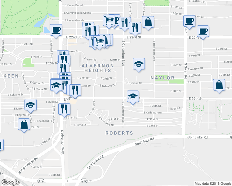 map of restaurants, bars, coffee shops, grocery stores, and more near 4255 East 29th Street in Tucson