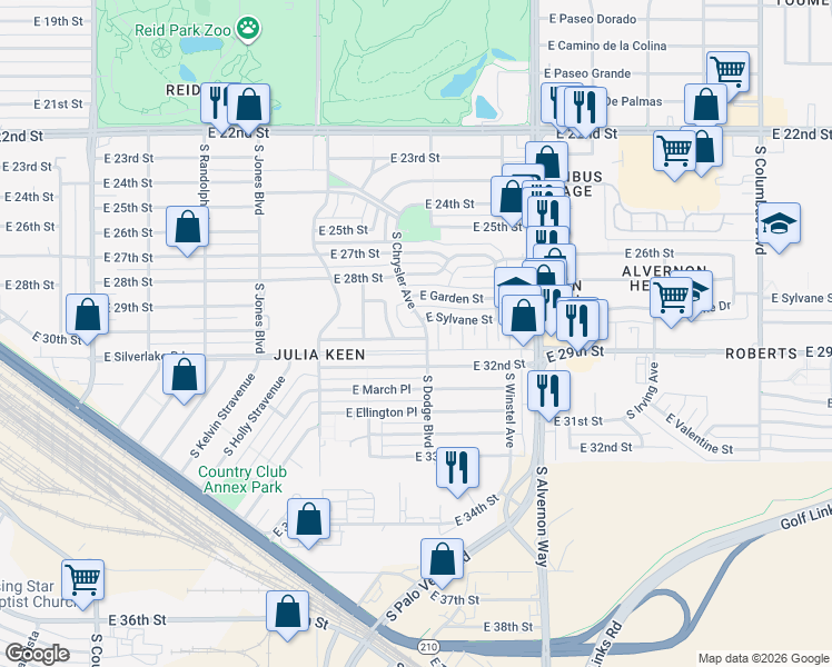 map of restaurants, bars, coffee shops, grocery stores, and more near 3655 East Sylvane Street in Tucson