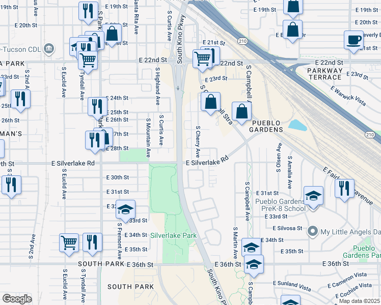map of restaurants, bars, coffee shops, grocery stores, and more near 1508 East 28th Street in Tucson