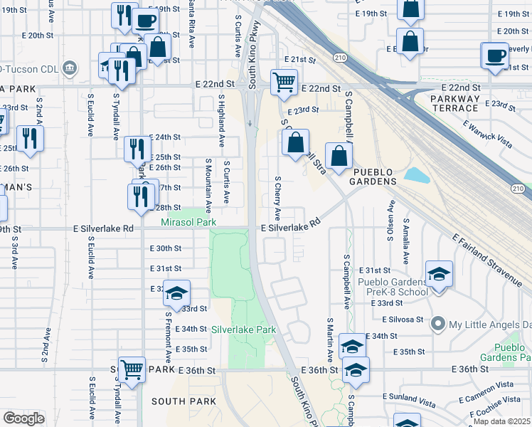 map of restaurants, bars, coffee shops, grocery stores, and more near 1508 East 28th Street in Tucson