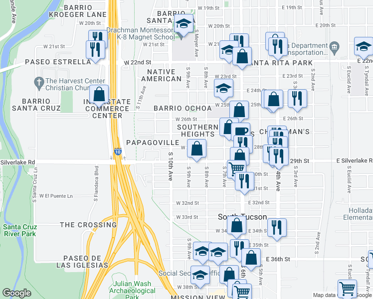 map of restaurants, bars, coffee shops, grocery stores, and more near 301 West 28th Street in Tucson
