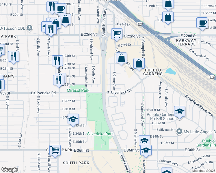 map of restaurants, bars, coffee shops, grocery stores, and more near 1508 East 28th Street in Tucson