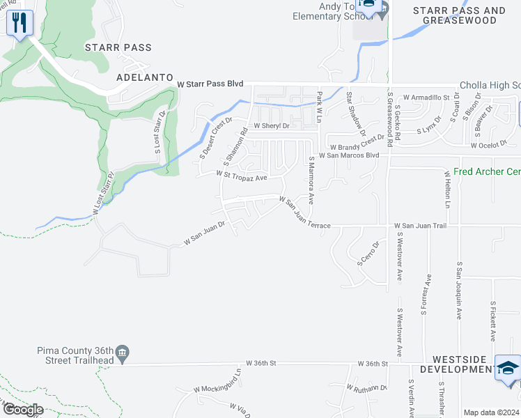 map of restaurants, bars, coffee shops, grocery stores, and more near 2863 West San Juan Terrace in Tucson