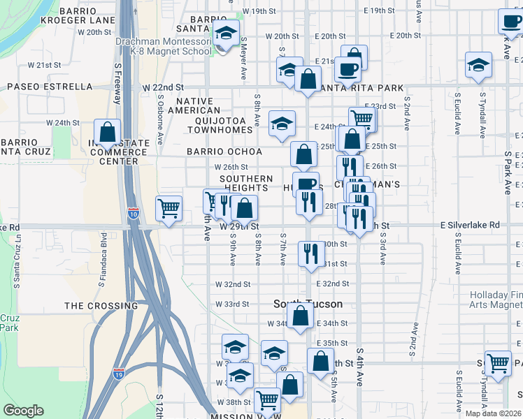 map of restaurants, bars, coffee shops, grocery stores, and more near 145 West 28th Street in Tucson