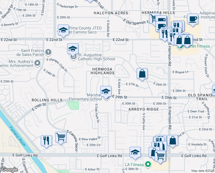 map of restaurants, bars, coffee shops, grocery stores, and more near 1742 South Palm Springs Circle in Tucson