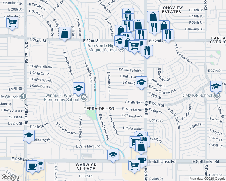map of restaurants, bars, coffee shops, grocery stores, and more near 6910 East Calle Denebola in Tucson