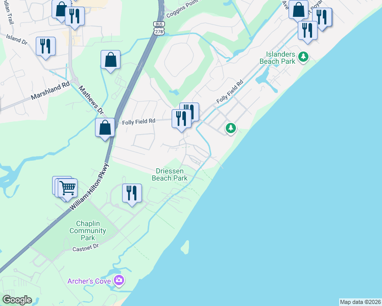 map of restaurants, bars, coffee shops, grocery stores, and more near in Hilton Head Island