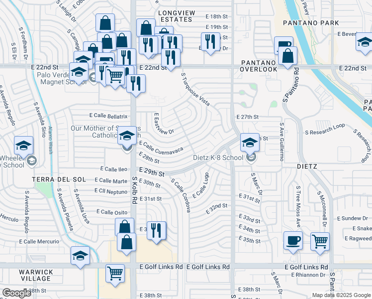 map of restaurants, bars, coffee shops, grocery stores, and more near 7310 East Calle Cuernavaca in Tucson