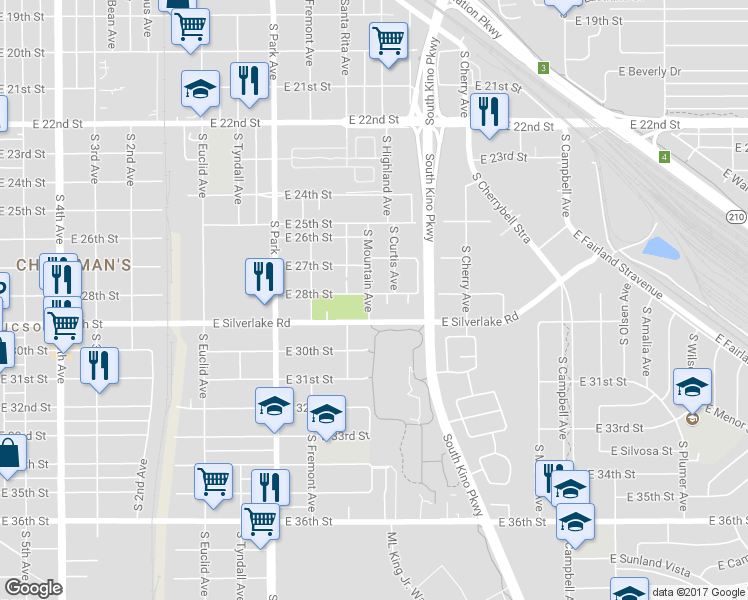 map of restaurants, bars, coffee shops, grocery stores, and more near 1801 South Mountain Avenue in Tucson