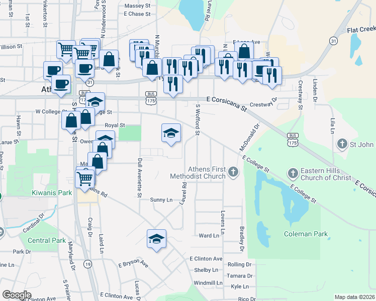 map of restaurants, bars, coffee shops, grocery stores, and more near 207 Laurel Road in Athens