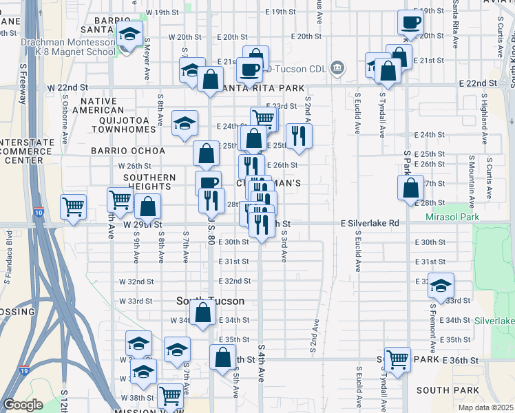 map of restaurants, bars, coffee shops, grocery stores, and more near 1802 South 4th Avenue in Tucson