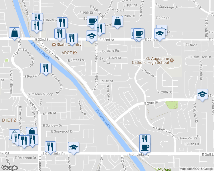 map of restaurants, bars, coffee shops, grocery stores, and more near 1750 East Calle Orilla in Tucson