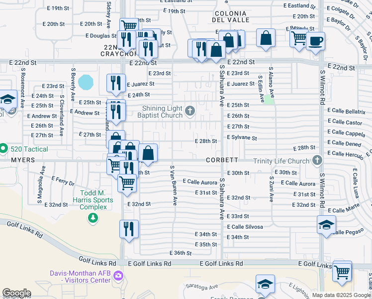 map of restaurants, bars, coffee shops, grocery stores, and more near 5728 East 28th Street in Tucson