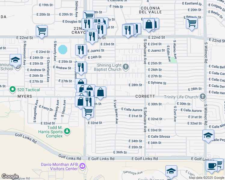 map of restaurants, bars, coffee shops, grocery stores, and more near 1814 South Van Buren Avenue in Tucson