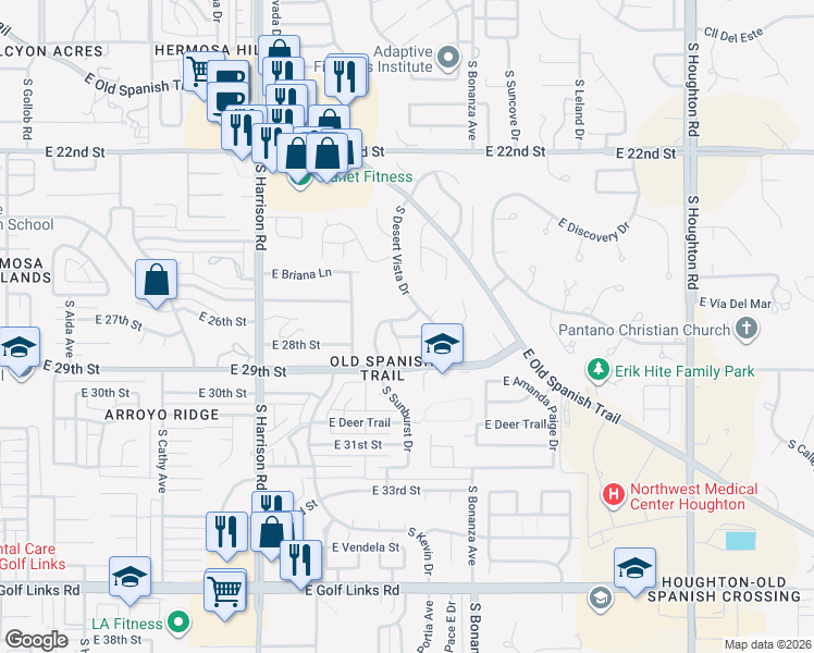 map of restaurants, bars, coffee shops, grocery stores, and more near 9770 East Sunburst Drive in Tucson