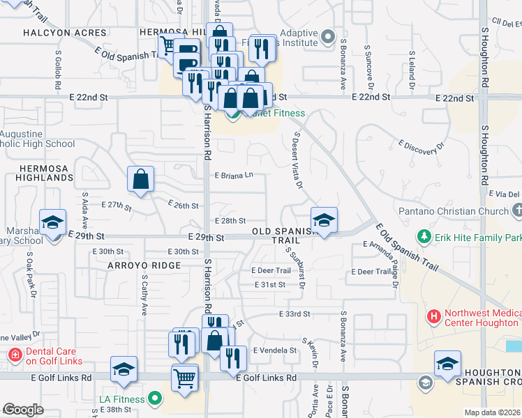 map of restaurants, bars, coffee shops, grocery stores, and more near 9595 East 28th Street in Tucson