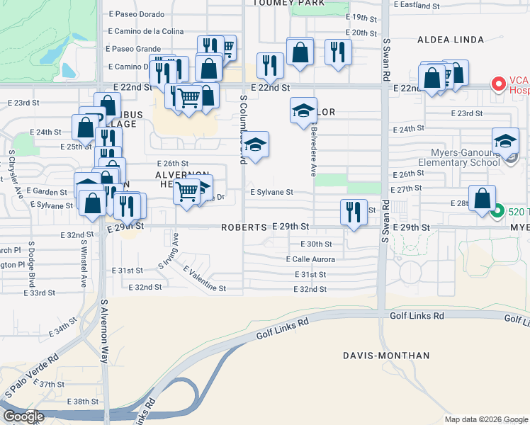 map of restaurants, bars, coffee shops, grocery stores, and more near 4342 East 28th Street in Tucson