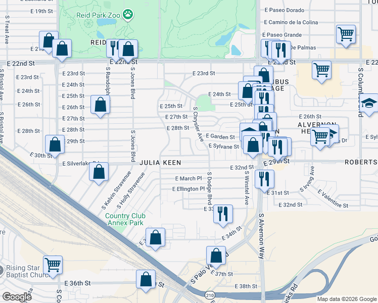 map of restaurants, bars, coffee shops, grocery stores, and more near 1761 Richey Avenue in Tucson