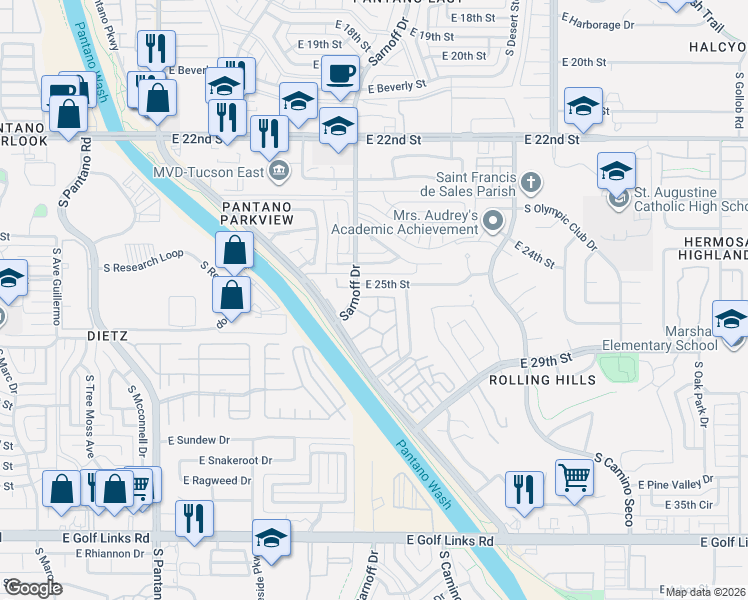 map of restaurants, bars, coffee shops, grocery stores, and more near 1751 South Avenue Sosegado in Tucson